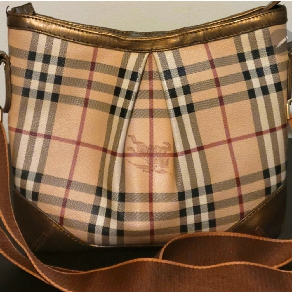 BURBERRY Haymarket NOVA Check 🤎🌱🌼METALLIC bronze leather trim Bag.
